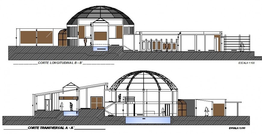 Luxuries villa with swimming pool front elevation and section details dwg file