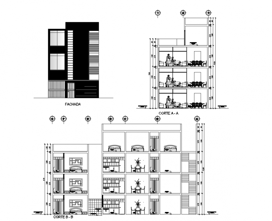 Main elevation, main section and back section drawing details of apartment building dwg file