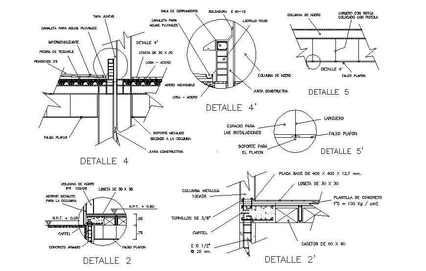 Metal frame constructive structure details with column dwg file