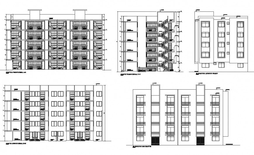 Multi-family housing apartment building all sided elevation and sectional details dwg file