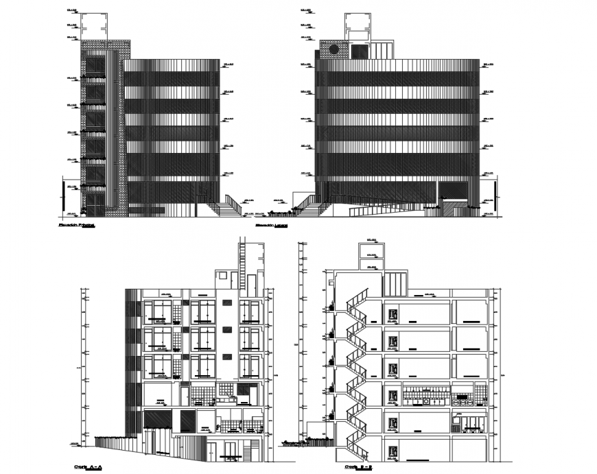 Multi-story building elevation and sectional drawing in dwg format