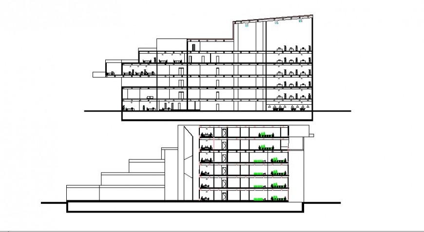 Multi-story government head quarter building front and back section cad drawing details dwg file