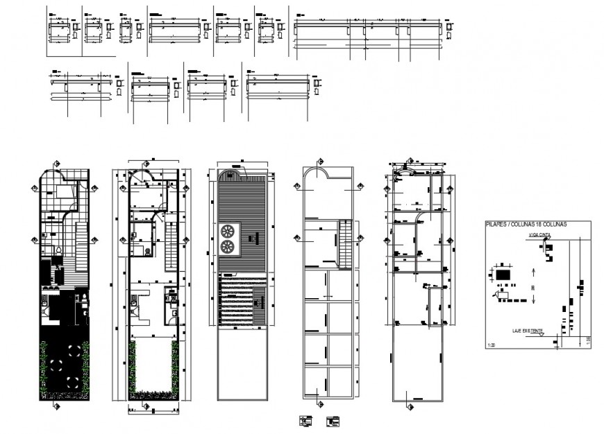 Multi-story house floor plan details with column cad drawing details dwg file