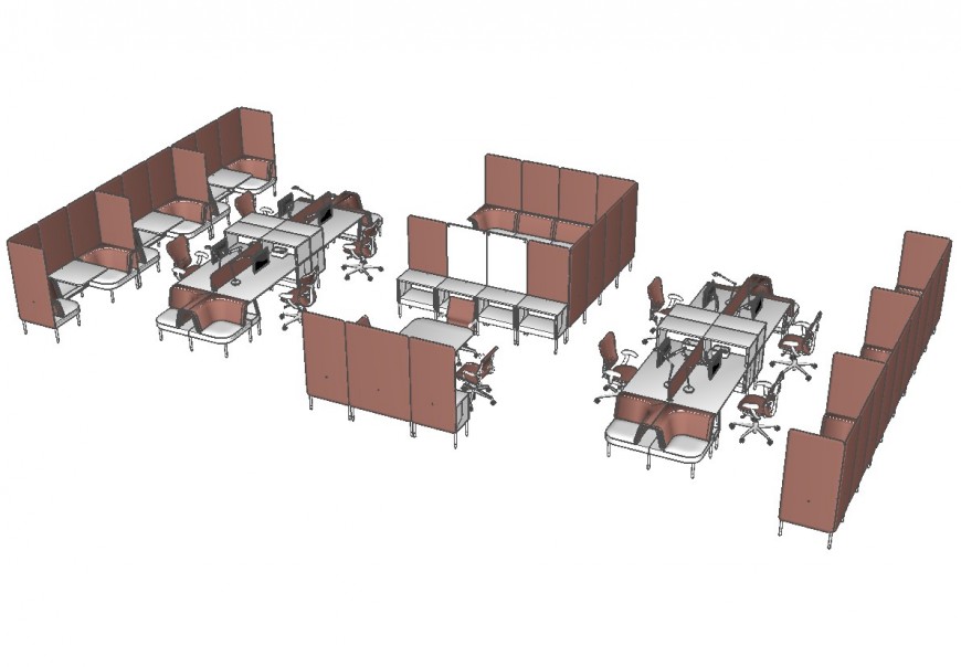 Multiple bank office desks and furniture 3d block cad drawing details dwg file