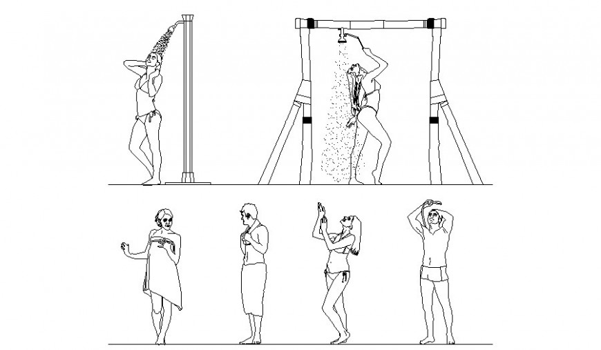 Multiple bathing people blocks in shower cad drawing details dwg file