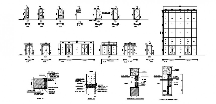 Multiple doors and windows elevations and installation details for hostel building dwg file