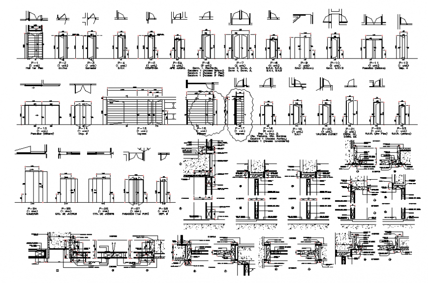 Multiple doors elevation, section and installation cad drawing details dwg file