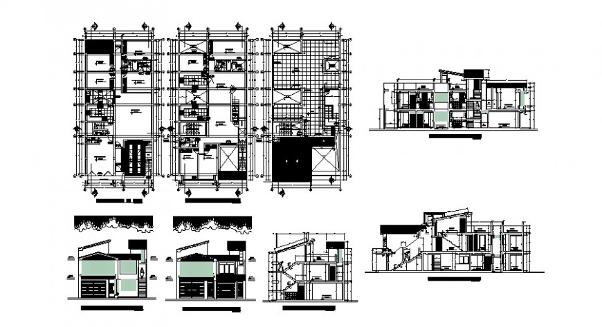 Multiple family housing elevation, section and floor plan cad drawing details dwg file