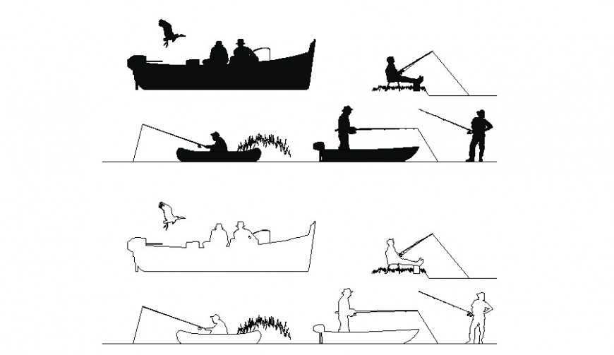 Multiple fishermen with boats people blocks cad drawing details dwg file