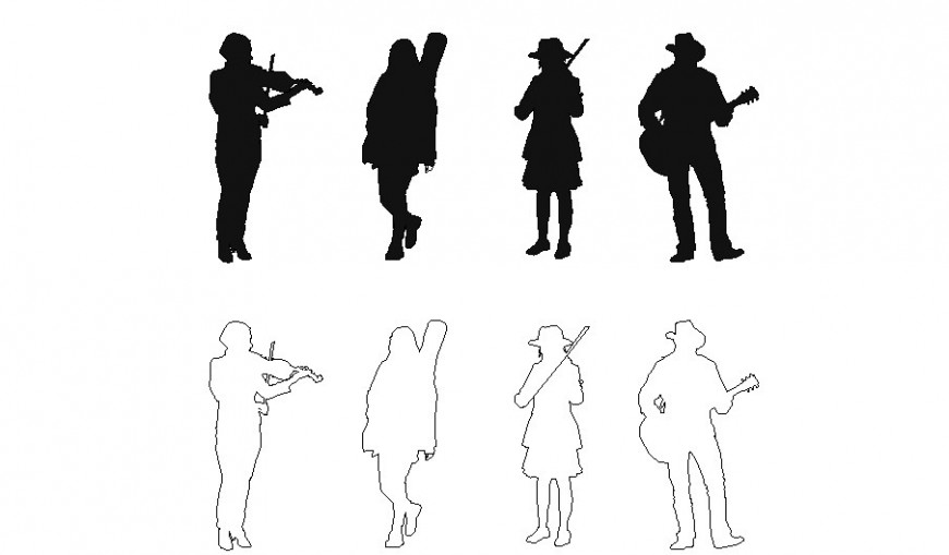 Multiple musician people blocks with music instrument cad drawing details dwg file