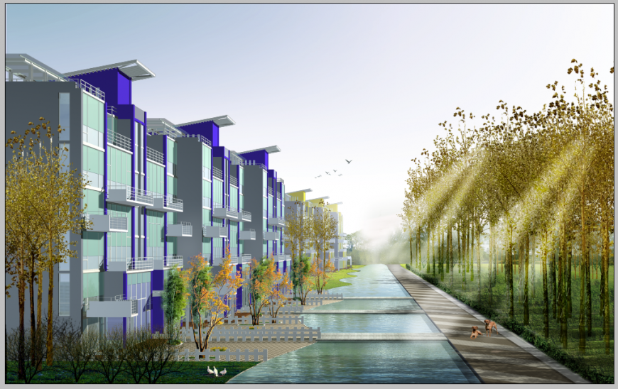 Multiple residential apartments lake side view 3d drawing psd file