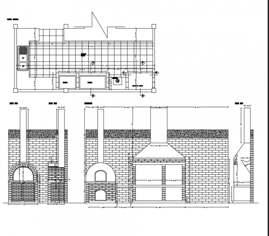 Outdoor barbecue kitchen fireplace and clay oven details dwg file