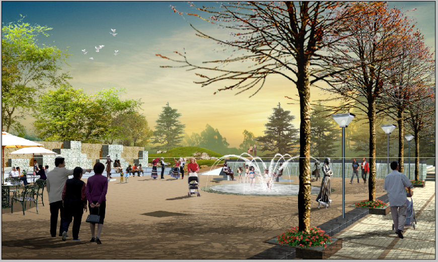 Outdoor garden cafeteria with fountain 3d drawing psd file