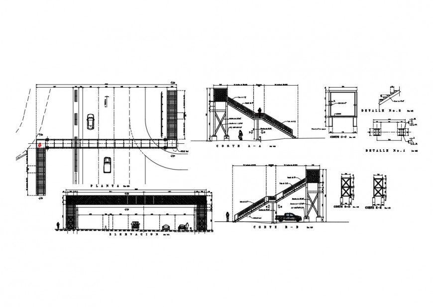 Pedestrian bridge with cage section, elevation, plan and construction details dwg file