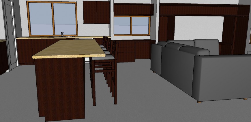 Perspective view of the dining area with drawing room detail sketch-up file