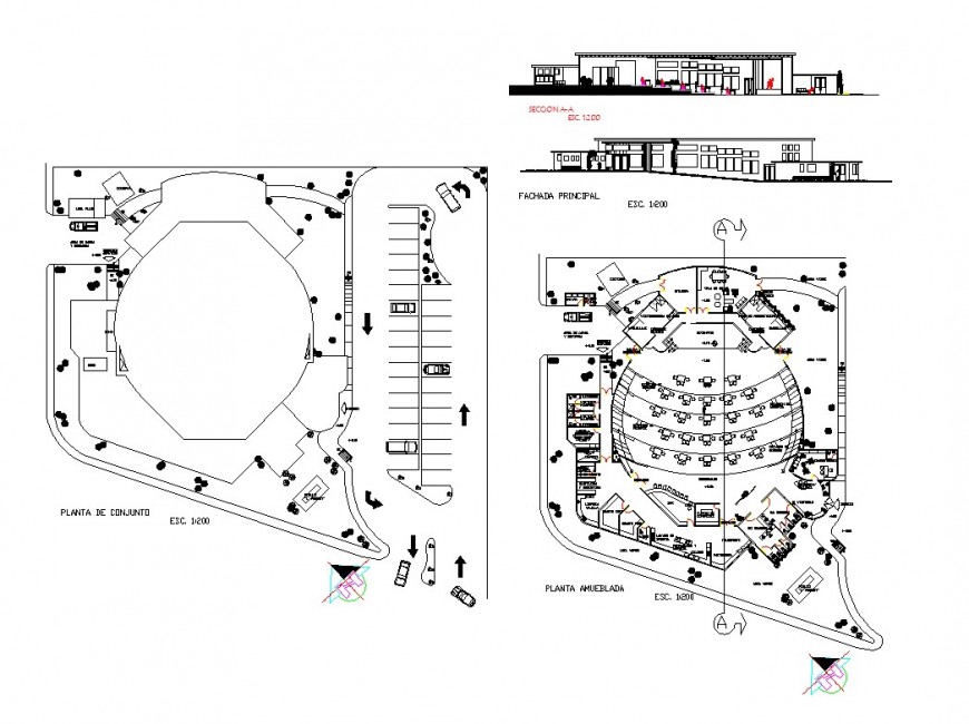Plan, elevation and section auditorium detail dwg file