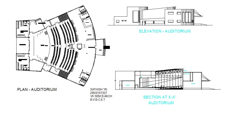 Plan, elevation and section detail of auditorium building detail 2d view CAD block autocad file
