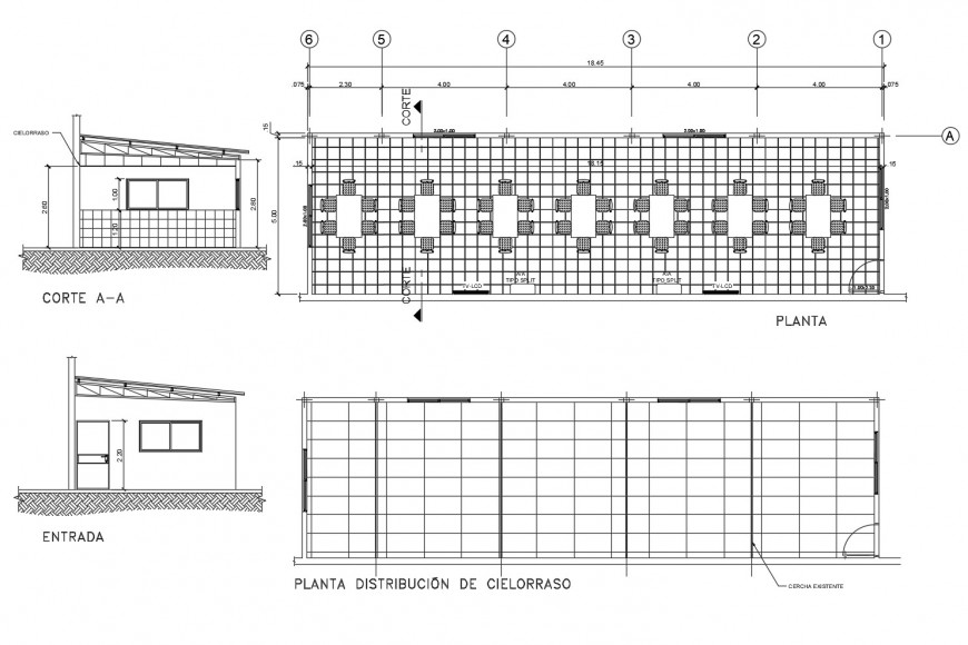 Plan, elevation and section of restaurant building with furniture autocad file