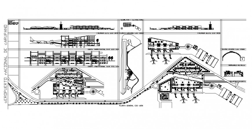 Plan, elevation and sectional detail of airport structure 2d view CAD block layout file in dwg format