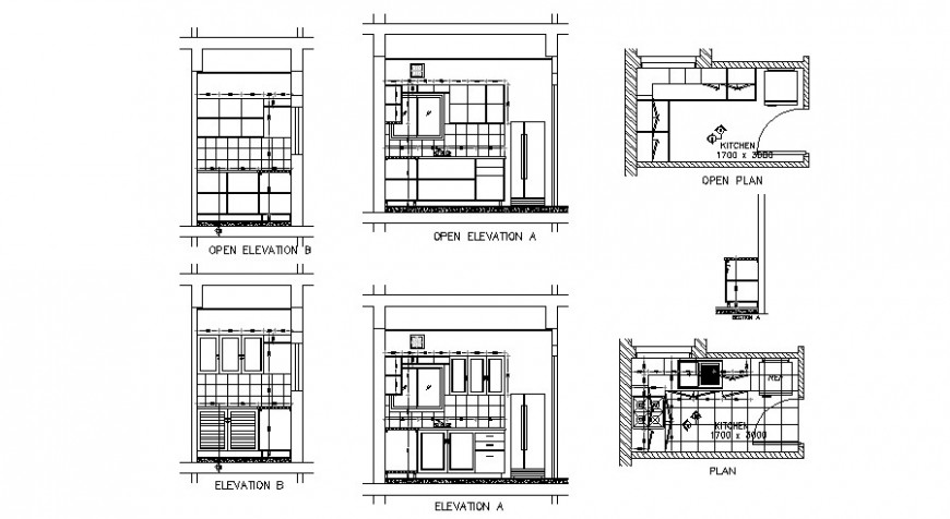 Plan and elevation detail of kitchen 2d view layout file in autocad format