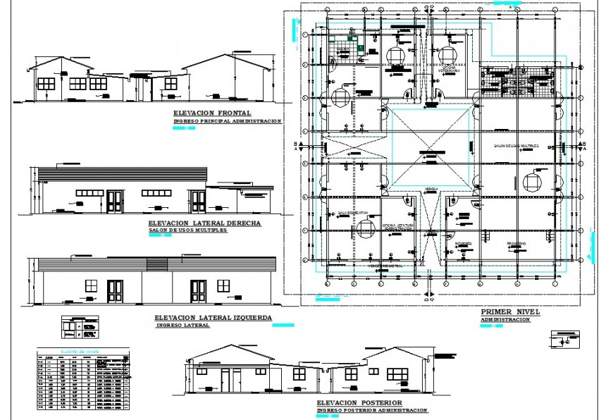 Plan and elevation detail of single story building 2d view CAD block autocad file