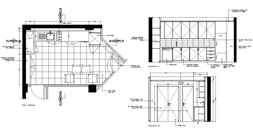 Plan and elevation of kitchen structural detail CAD constructive block layout file in autocad format