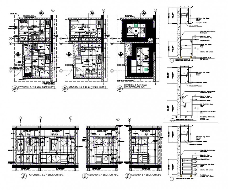 Plan and sectional detail of kitchen interior 2d view layout file in autocad format