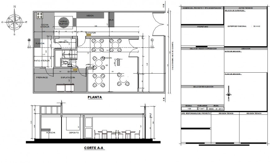 Plan and sectional detail of single story restaurant 2d view CAD structural block autocad file