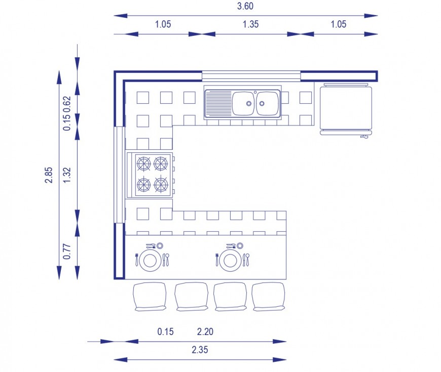 Plan of kitchen detail with appliances 2d view autocad file