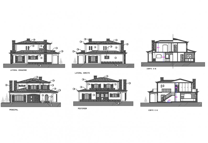 Portugal two-level house all sided elevation and sectional details dwg file