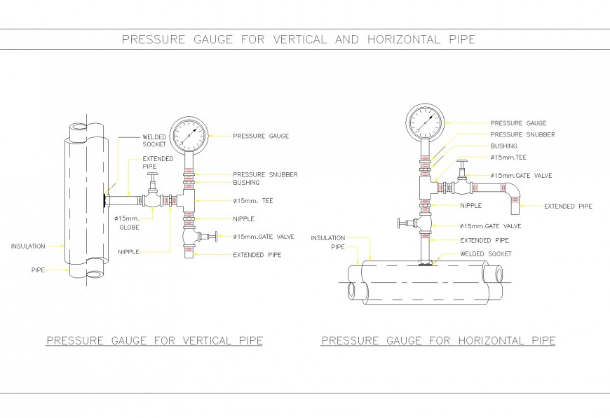 Pressure Gauge For Vertical And Horizontal Pipe autocad file