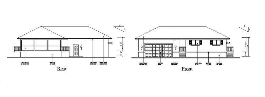 Rear and front elevation details of single story house dwg file