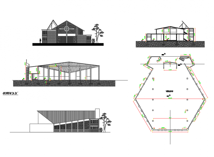 Religious chapel(church) elevation, section and plan cad drawing details dwg file