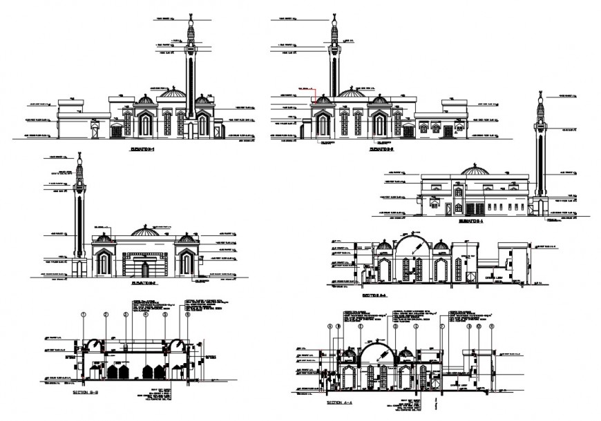 Religious classic type mosque all sided elevation and sectional details dwg file