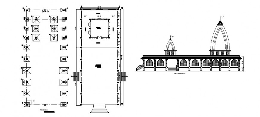 Religious temple side elevation, plan and foundation plan cad drawing details dwg file