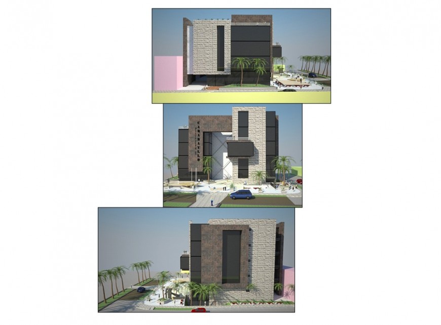 Residential 3d bungalow all sided elevation cad drawing details dwg file