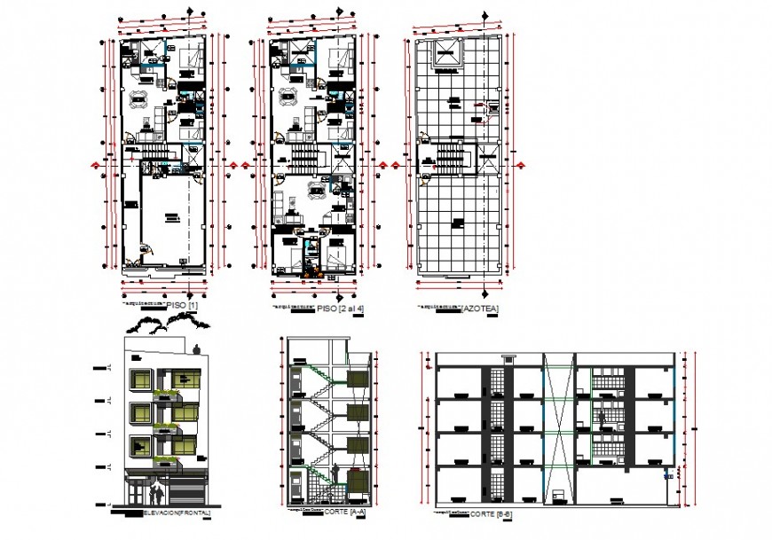 Residential apartment building detail plan, elevation and section 2d view layout autocad file
