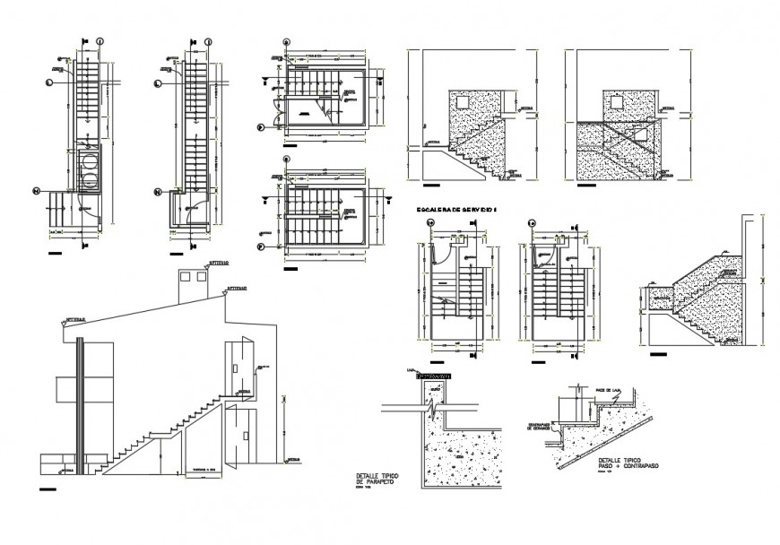 Residential house's staircases elevation, section and plan cad drawing details dwg file