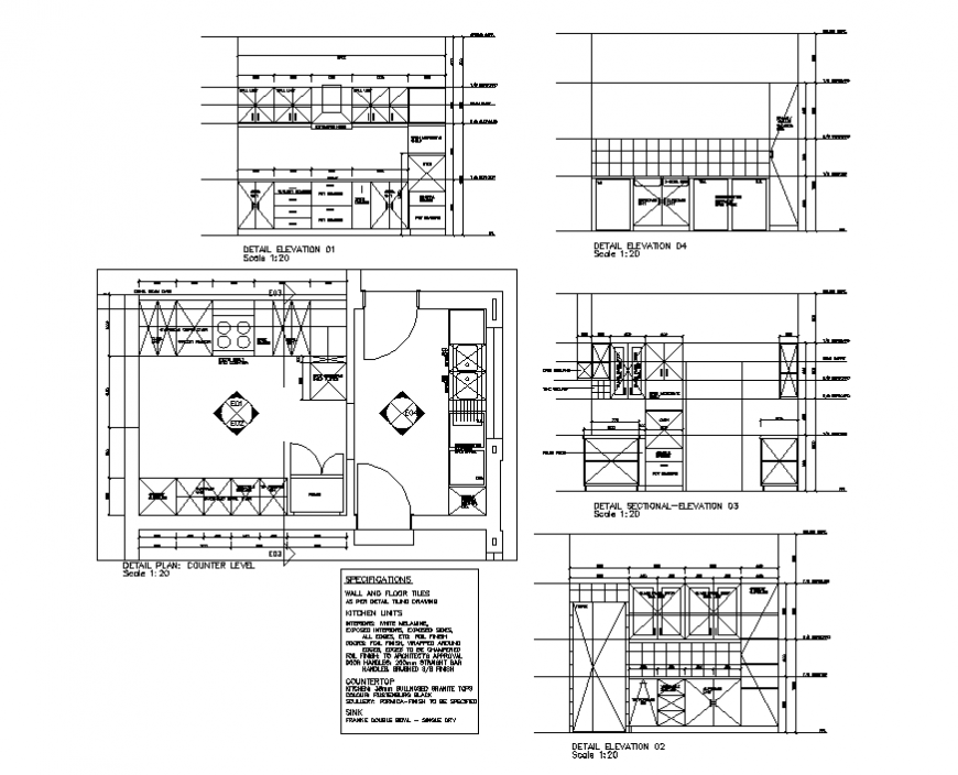 Residential kitchen elevation, plan and auto-cad details dwg file