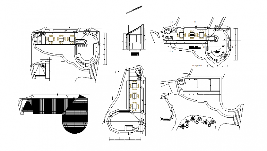 Restaurant floor plan and landscaping structure and cut sectional details dwg file