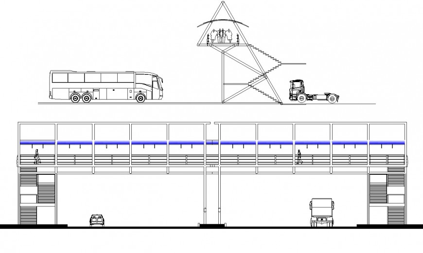 Road pavement and foot over bridge structure 2d view CAD structural block dwg file