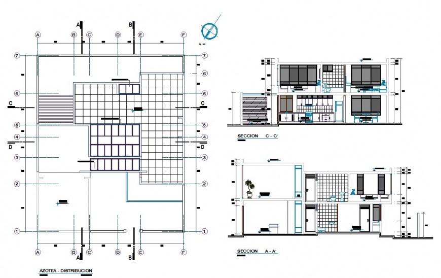 Roof plan and building section 2d view CAD structural block layout autocad file
