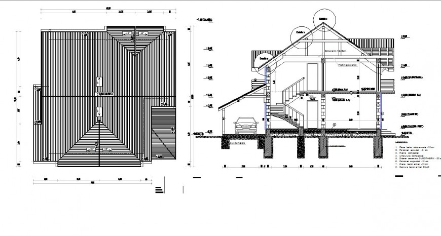 Roof plan and house section detail 2d view CAD structural block layout autocad file
