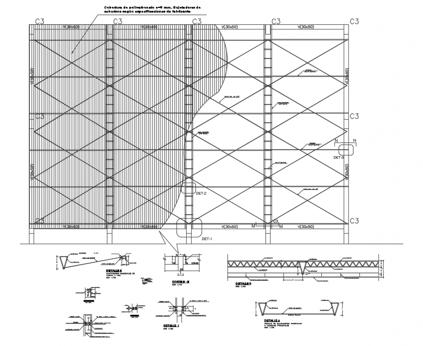Roof plan and struts detail 2d view drawing in dwg format