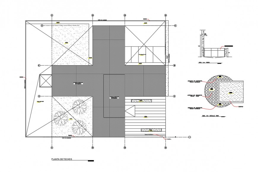 Roof plan structure and construction details of hospital building dwg file