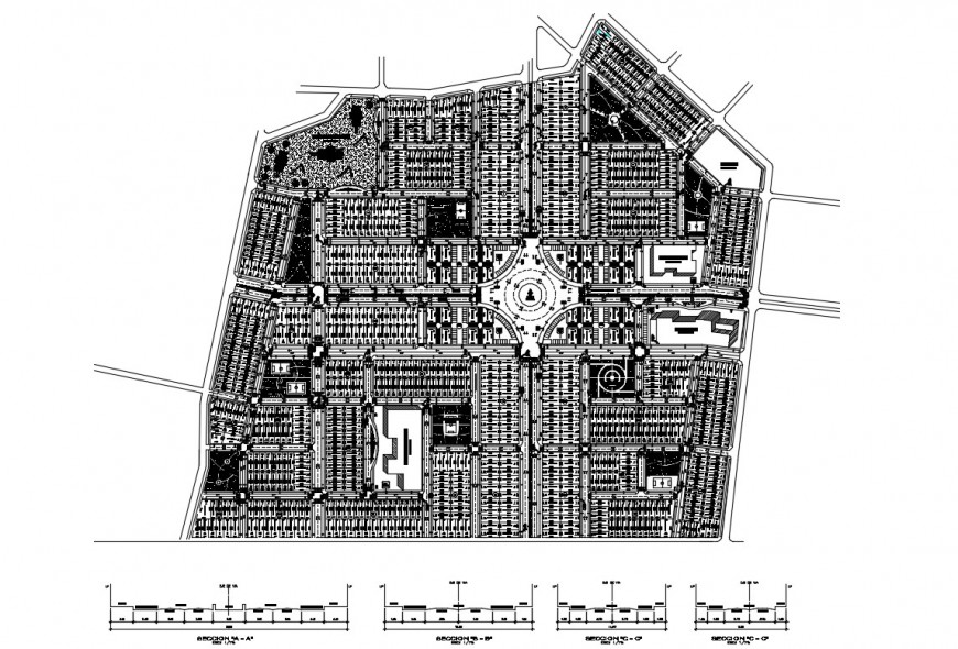 Rotary intersection detail of road 2d view layout file in dwg format