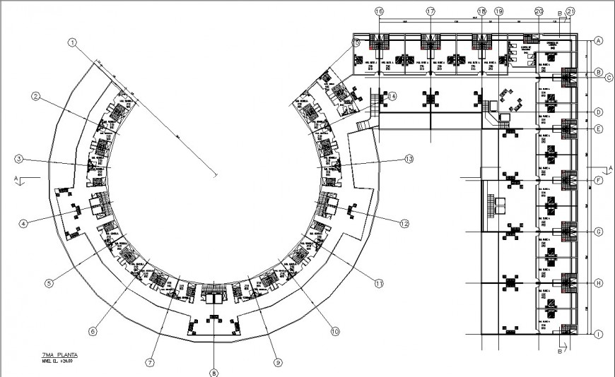 Round hotel furniture layout plan in dwg AutoCAD file.
