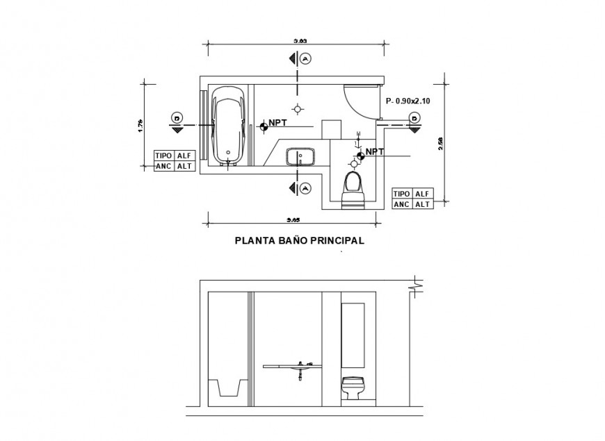 Sanitary bathroom plan and section detail 2d view layout file in dwg format