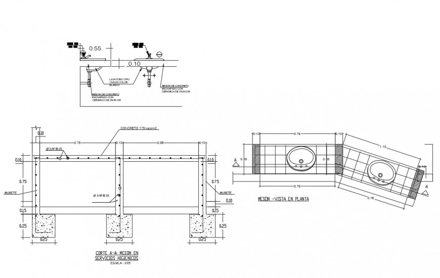 Sanitary constructive section with installation cad drawing details dwg file