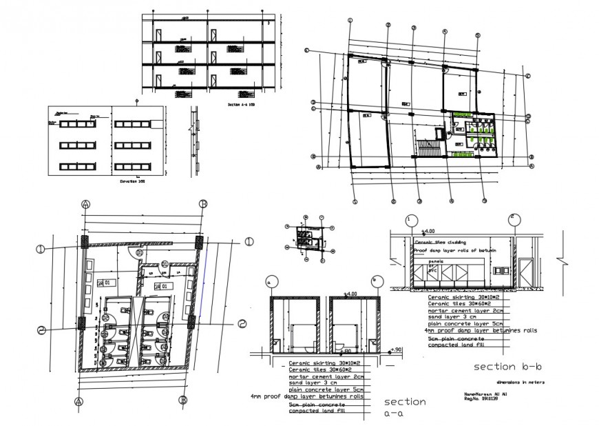 Sanitary elevation, section and installation-plan details of school building dwg file